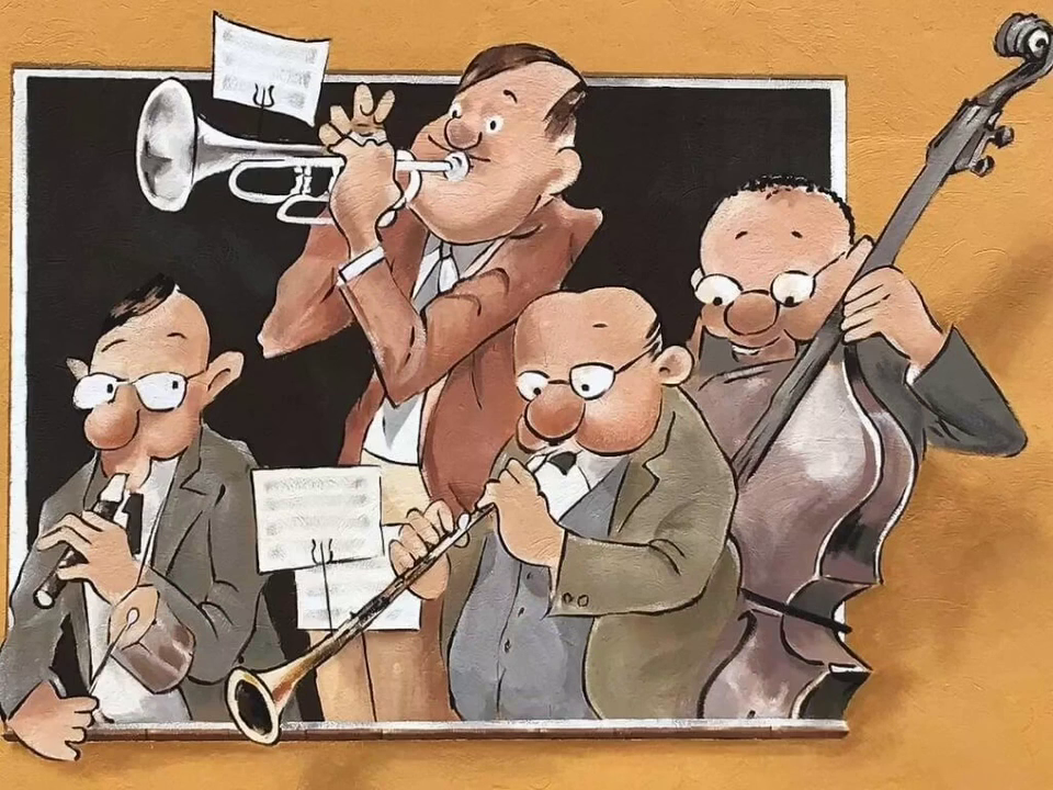 Músics de cobla del mural que homenatja Frederic Letamendi del carrer dels Teixidors de Balaguer
